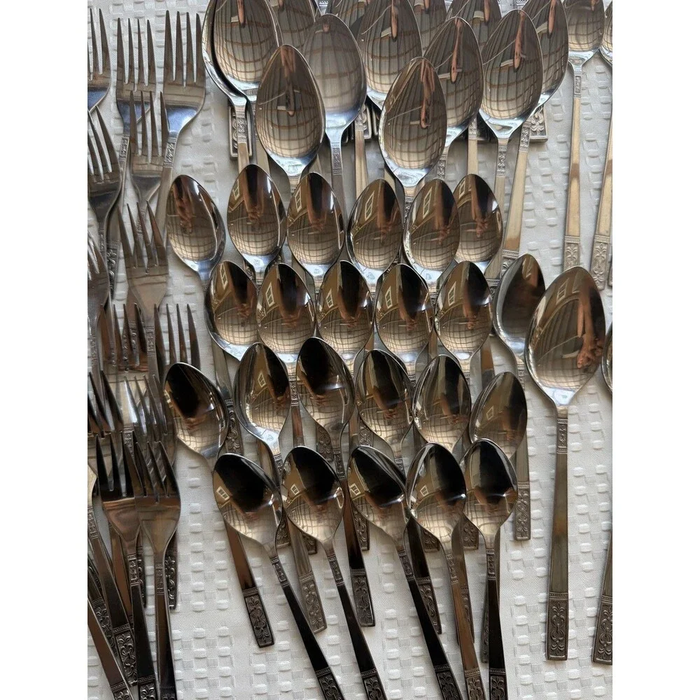 104 Pc Customcraft Taiwan Stainless Flatware Silverware Lot MCM Floral Scroll